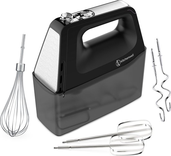 Kitchenwell Handmixer - 5-snelheden - 450W - Turbo & Puls functie - Deeghaken - Kloppers & Garde - Opberghouder - Zwart van Kitchenwell