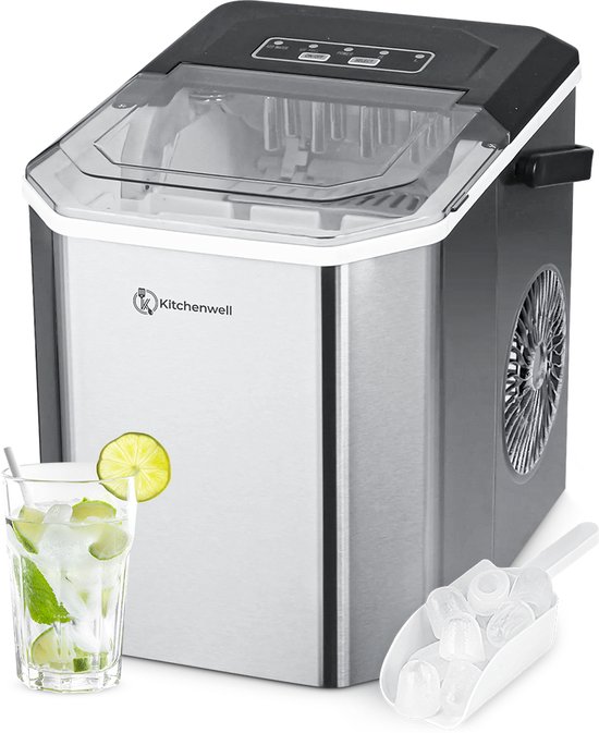 Kitchenwell IJsblokjesmachine - 1.3L - IJsblokjesmaker - IJsschep - 12kg/24 uur - Draagbaar - Zelfreinigingsfunctie - RVS van Kitchenwell