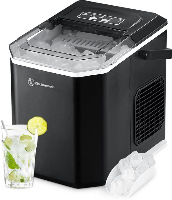 Kitchenwell IJsblokjesmachine - 1.3L - IJsblokjesmaker met IJsschep - 12kg/24 uur - Zelfreinigingsfunctie - Draagbaar - Zwart van Kitchenwell