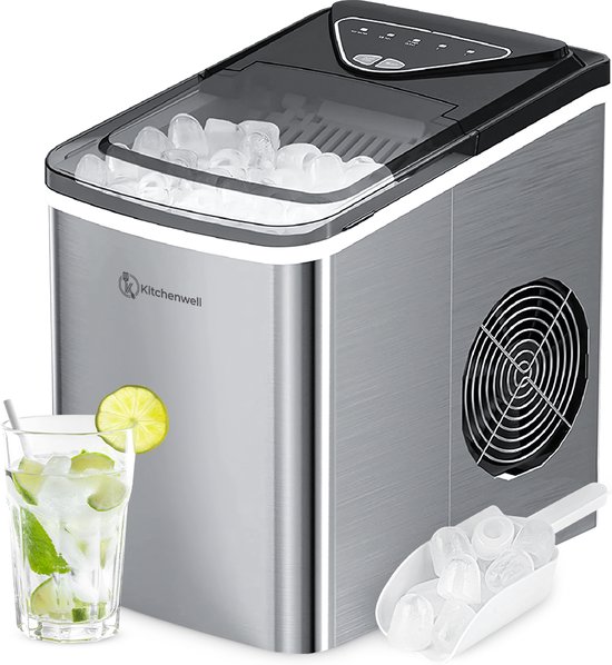 Kitchenwell IJsblokjesmachine - 2L - IJsblokjesmaker met IJsschep - 12kg/24 uur - Zelfreinigingsfunctie - Zilver van Kitchenwell