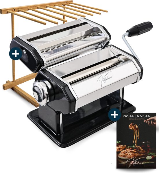 Kitchenz® Pastamachine Zwart - Pastamaker met Pasta Droogrek - Pasta Starterset - Pasta Roller voor: Ravioli , Spaghetti , Lasagne , etc. - Incl. Receptenboek van Kitchenz®