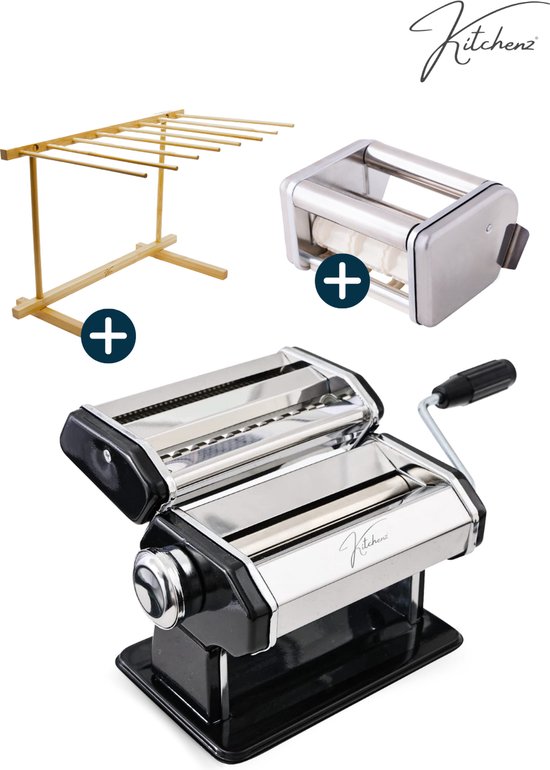 Kitchenz Pastamachine Zwart set incl. Ravioli Opzetstuk & Pasta Droogrek - Pastamaker - Pasta Droogrek van Kitchenz®