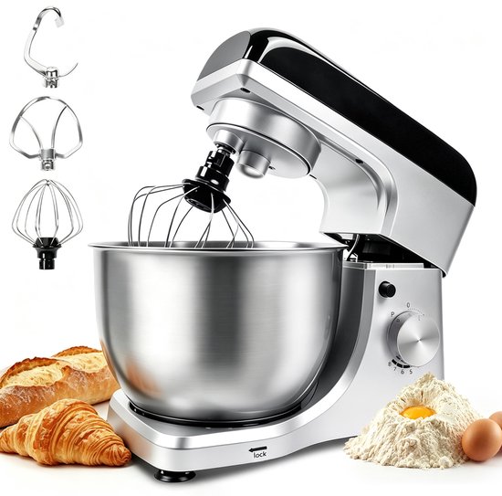 KITYTETY Keukenmachine, 8 snelheden + pulsfunctie, multifunctionele mixer van 1000 W met kom van 5 l, menghaak/garde/deeghaak - Zilver van KITYTETY