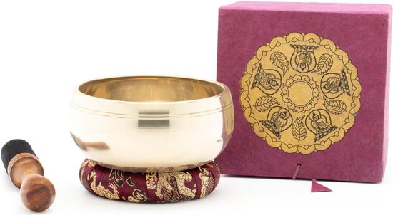 Klankschaal met Dhyani-Boeddha-reliëf - Prachtige geschenkdoos van duurzaam natuurlijk papier - Fair Trade uit Nepal - Inclusief klopel/ring - Handgemaakt - Meditatie en ontspanning singing bowl set van Ohm Store