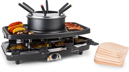 Klarstein 3 in 1 Raclette Fondue Kombi en Grill, 1100W Raclette Fondue Set met Steinplatte, Elektrischer Fondue Raclette Grill voor 8 Personen met 8 Pfännchen & Fonduegabeln, Raclette Gerät Elektrisch – geschikt voor thuisfitness en sportschoolgebrui