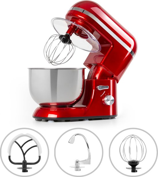 Klarstein Bella Elegance - Keukenmachine 2000 W - 5,2 Liter - RVS zonder BPA - Stijvol - 6 Standen - 3 Menghaken - Planetair Roersysteem - Pulse-Functie - Spatbescherming - Functionele Applicaties - Perfect Vermengen - Kleurrijk Design - Rood van Klarstein