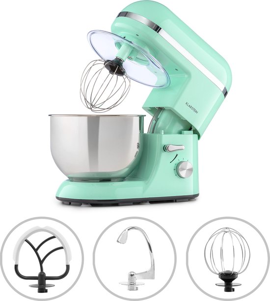Klarstein Bella Elegance Keukenmachine Mixer - 2000 W - 6 Vermogensstanden - Pulse Functie - Planetair Mengsysteem - 5 L Roestvrijstalen Kom - 3-Delig Accessoires: Deeg- & Kneedhaak / Garde - Applicaties - Roestvrij Staal - Zonder BPA - Pastelgroen van Merkloos