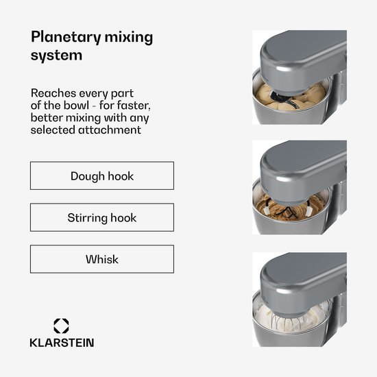 Klarstein Bella Evo 1500W keukenrobot – 5L roestvrijstalen kom, 12 snelheden, planetaire mixfunctie, pulsefunctie, deeghaak, klopper & garde, keukenrobot voor bakken, zilver van Merkloos