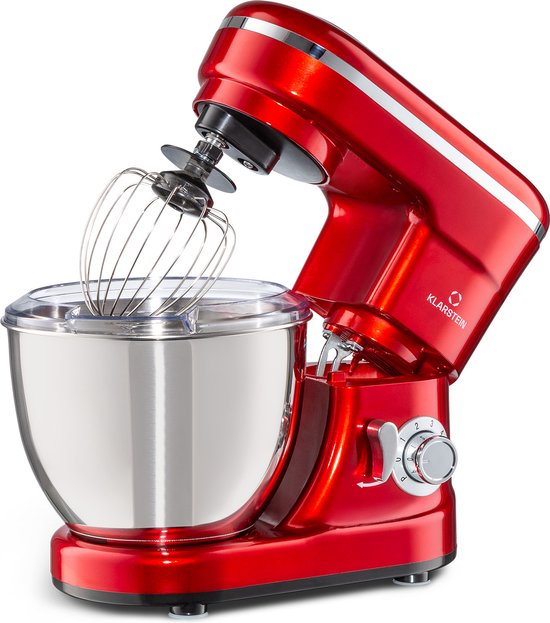 Klarstein Bella Mini Roermachine Keukenmachine - Deeghaak, Kneedhaak En Garde - 1200 W - 6 Vermogensstanden Plus Pulsefunctie - 4 Liter Roestvrijstalen Kom - Behuizing: Abs Kunststof - Anti-Slip Voetjes - Oververhittingsbeveiliging - Rood van Klarstein