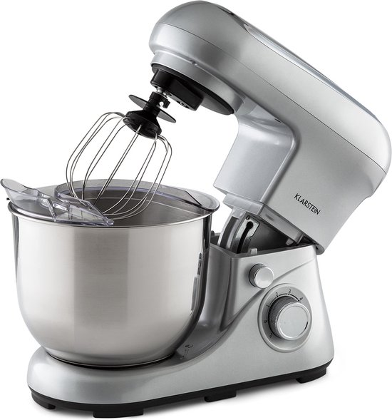 Klarstein Bella Pico 2G Keukenmachine Mixer - 1300 W - 6 Vermogensstanden En Pulsefunctie - Planetair Mengsysteem - RVS Kom Met 5 L Inhoud - 3-Delig Accessoires: Meng- En Kneedhaken Van Gegoten Aluminium, Roestvrijstalen Garde - Compact - Zilver van Klarstein