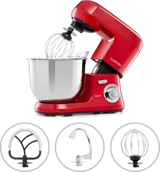 Klarstein Bella Robusta Keukenmachine - RVS mengkom 5,5 liter - Inclusief garde, kneedhaak en menghaak - 1200 W - 6 snelheden - Rood van Klarstein