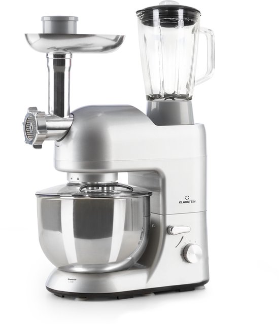 Klarstein Blender Knetmaschine keukenmachine met Fleischwolf, 2000W Teigmaschine klein, 6 standen, Schneebesen - & Knethaken, planetair , roermachine met Mixer, keukenmachines met 5L kom - 1800W 5,2L - voor Keuken - RVS - Standmixer