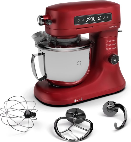 Klarstein Chiara Keukenmachine - 1600W - 5 Liter Roestvrijstalen kom - 12 Snelheden - LCD Touch Display - ≤72 dB - Vaatwasmachinebestendige patisserie set - Gegoten aluminium behuizing - Rood van Klarstein