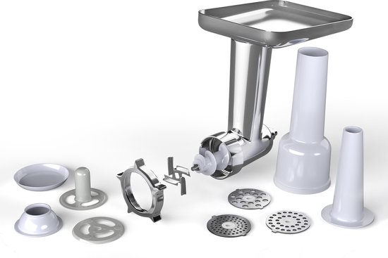Klarstein Chiara vleesmolenaccessoire voor keukenmachine – Veelzijdige vleesmolen, roestvrij staal, 4 messen, 3 snijplaten, maakt het maken van worst eenvoudig, compatibel met de Chiara keukenmachine van Merkloos