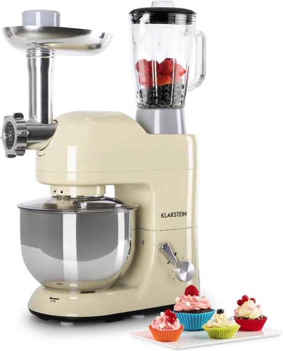 Klarstein Knetmaschine Küchenmaschine mit Fleischwolf, 2000W Teigmaschine Klein, 6 Stufen, Schneebesen Rühr- & Knethaken, Planetenrührwerk, Rührmaschine mit Mixer, Küchenmaschinen mit 5L Schüssel van Merkloos