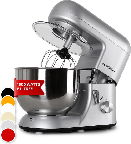 Klarstein Küchenmaschine, Knetmaschine mit 5L Schüssel, 1800W Profi Küchenmaschine mit Knethaken und Schneebesen, Universal Küchenmaschine mit 6 Stufen, Teigmaschine zum Rühren, Kneten und Aufschlagen van Merkloos