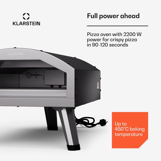 Klarstein LaFiamma Pizzaoven Elektrisch 450 graden - 2000 W, Dubbele verwarmingselementen, Inclusief pizzasteen, Roestvrij staal, Snelle opwarmtijd, Buitenopstelling, Tot 450 °C, Compact