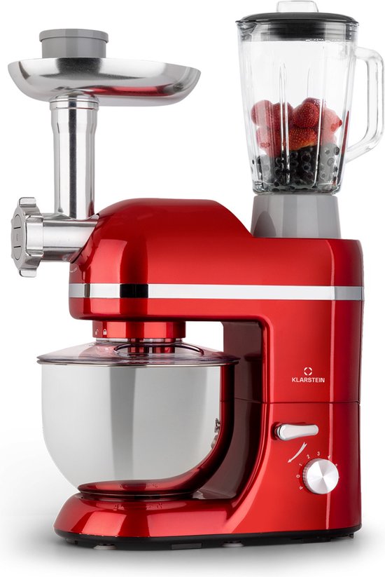 Klarstein Lucia Elegance Multifunctionele Keukenmachine - Mixer & Vleesmolen - 2000 W - 6 Vermogensstanden - Pulsefunctie - 5 Liter RVS Kom - 1,5 Liter Glazen Mixerkan - Kneedhaak, Deeghaak, Garde, Worst-, Vlees- En Pastahulpstukken - Rood van Klarstein