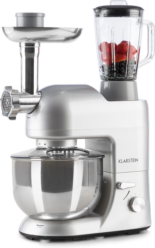 Klarstein Lucia Keukenmachine Mixer - 2000 W - 6 Vermogensstanden - Pulse Functie - Planetair Mengsysteem - 5 L Roestvrijstalen Kom - 3-Delig Accessoires: Deeg- & Kneedhaak - Garde - Multifunctioneel - Roestvrij Staal - Zonder BPA - Grijs van Klarstein
