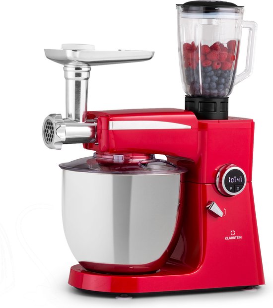 Klarstein Renata Rossa - Keukenmachine - 3-in-1 - 8 Standen - 2000 W - 10 liter RVS Kom - Bevat geen BPA - 1,5 Liter Blender Opzet - Haarfijn Roeren En Mengen - Van Zwaar Brooddeeg Tot Luchtige Slagroom - Eenvoudig In Gebruik - Robuust - Rood van Klarstein