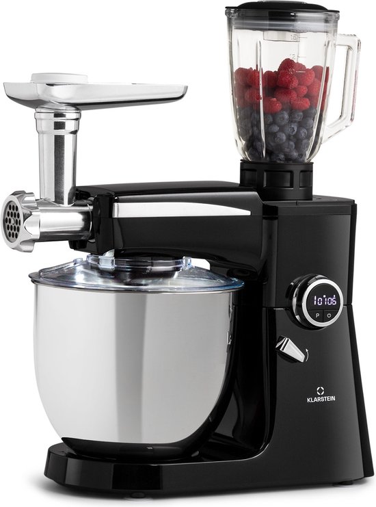 Klarstein Renata Rossa - Keukenmachine - 3-in-1 - 8 Standen - 2000 W - 10 liter RVS Kom - Bevat geen BPA - 1,5 Liter Blender Opzet - Haarfijn Roeren En Mengen - Van Zwaar Brooddeeg Tot Luchtige Slagroom - Eenvoudig In Gebruik - Robuust - Zwart van Klarstein