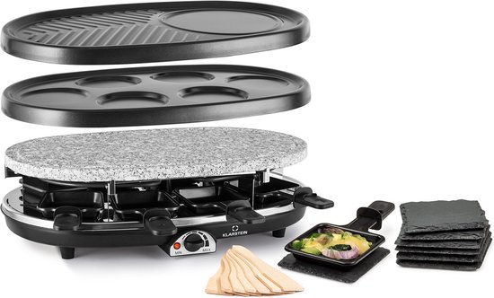 Klarstein Steaklette All U Can Grill Raclette 1500 Watt Raclette Grill, Raclette 8 Personen inkl. Raclette Pfännchen, stufenlos regelbare Temperatur, 4 in 1 Grill, inkl. Untersetzer en Holzspatel - geschikt voor thuisfitness en sportschoolgebruik, du