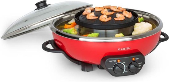 Klarstein Szechuan - Hot Pot en grillplaat, Hot Pot pan inhoud: 5 liter, Hot Pot grill 1350 W / 38 cm Ø, Grillplaat: 600 W / 22 cm Ø, Verwarmingselement van aluminium, rood