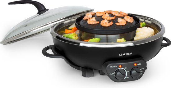 Klarstein Szechuan - Hot Pot en grillplaat, Hot Pot pan inhoud: 5 liter, Hot Pot grill 1350 W / 38 cm Ø, Grillplaat: 600 W / 22 cm Ø, Verwarmingselement van aluminium, zwart