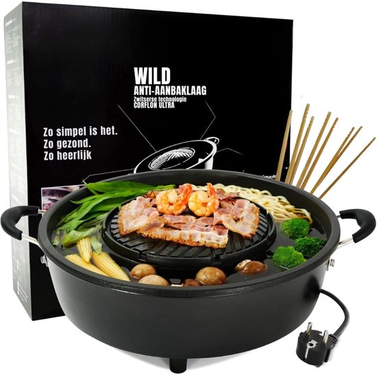 Klarven® Hotpot Elektrisch Zwart - 2-in-1 Grill en Fondue - Swiss Antiaanbaklaag, Gelijkmatige Warmteverdeling - Tafelgrill voor Vlees, Groenten en Soep - L 17 x B 13 x H 5 cm