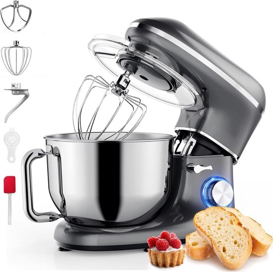 Klarven® Mixer met Mengkom Zilver - Krachtige 2000W Keukenmachine - Roestvrijstalen Kom 6,2L - Inclusief Klopper, Kneedhaak en Menghaak - B 36 x D 27 x H 43 cm