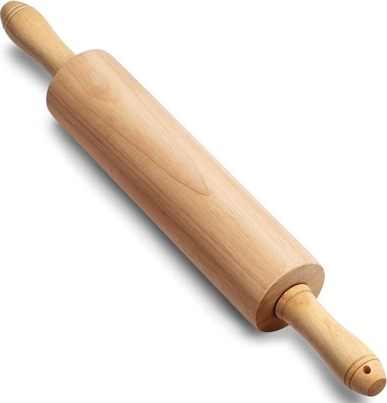 Klassieke houten rollende pin 43 cm roterende centrale deugroller met handgrepen voor alle bakbehoeften - model BK004 pasta roller van Merkloos