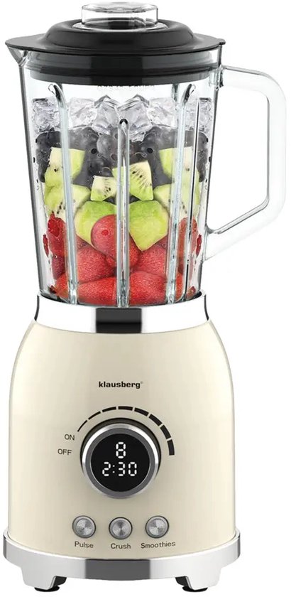 Klausberg - Blender - Smoothie Maker met LED Display - IJscrusher - Glazen Blender met 6 RVS Messen - Smoothie Blender met Timer - Keuken Blender 8 Snelheden - Crushed Ice Mixer - 1.5L - 600W - Crème van Merkloos