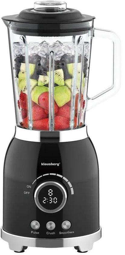 Klausberg - Blender - Smoothie Maker met LED Display - IJscrusher - Glazen Blender met 6 RVS Messen - Smoothie Blender met Timer - Keuken Blender 8 Snelheden - Crushed Ice Mixer - 1.5L - 600W - Zwart van Merkloos