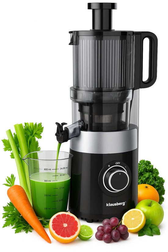 Klausberg KB-7871 Slowjuicer – Cold Press - Stille verticale juicer sapcentrifuge met brede vulopening – Fruitpers - Zwart/Zilver van Klausberg