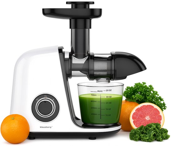 Klausberg Slow Juicer – 150W - 700ml | Cold Press | Groenten en Fruitpers – Met Pulpreservoir | Wit | Stille Horizontale Juicer met 7-Traps Perssysteem van Klausberg