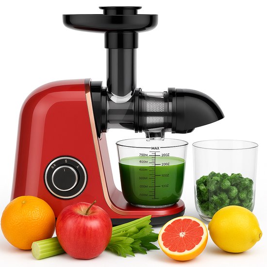 Klausberg Slowjuicer – 150W - 700ml - Groenten en Fruitpers – Met Pulpreservoir | Kersenrood | Juice Maker - Juicer met 7-Traps Perssysteem van Klausberg