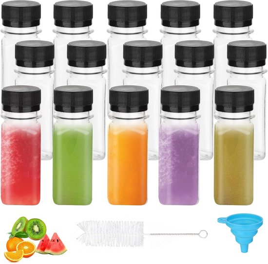 Kleine 60ml Juice Bottles - 15 Stuks Mini Plastic Flessen met Trechter voor Sap, Gember, Melk en Dranken