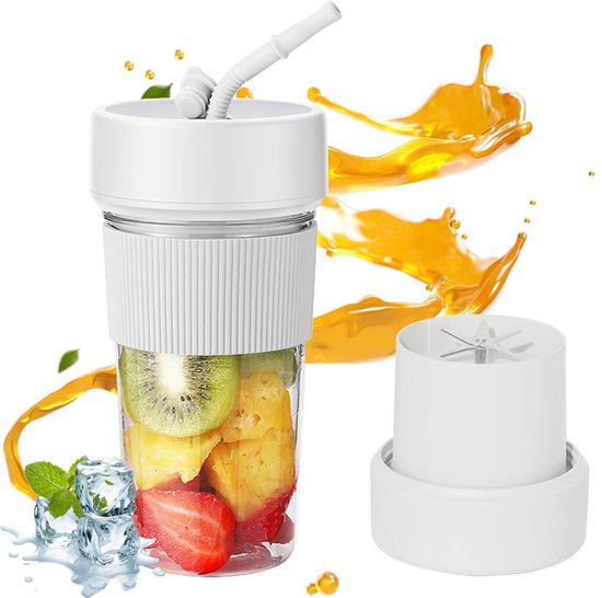 Kleine draagbare elektrische sapcentrifuge met rietje, oplaadbare fruitblender, kleine sapcentrifuge voor binnen en buiten (wit) van Merkloos