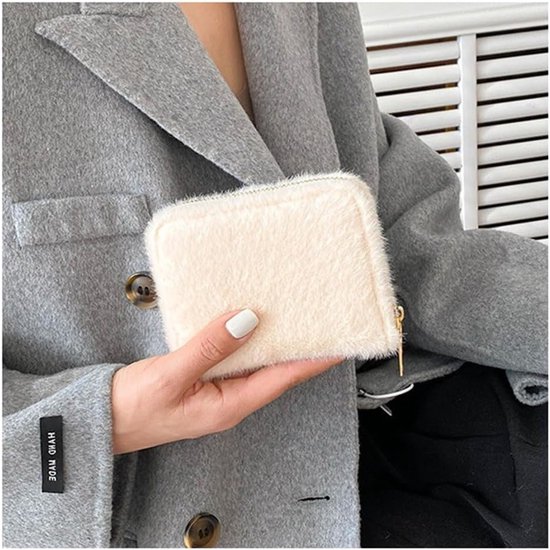 Kleine Fluffy Portemonnee met Rits voor Muntjes en Creditcards, Schattige Beige Tas voor Vrouwen van Merkloos