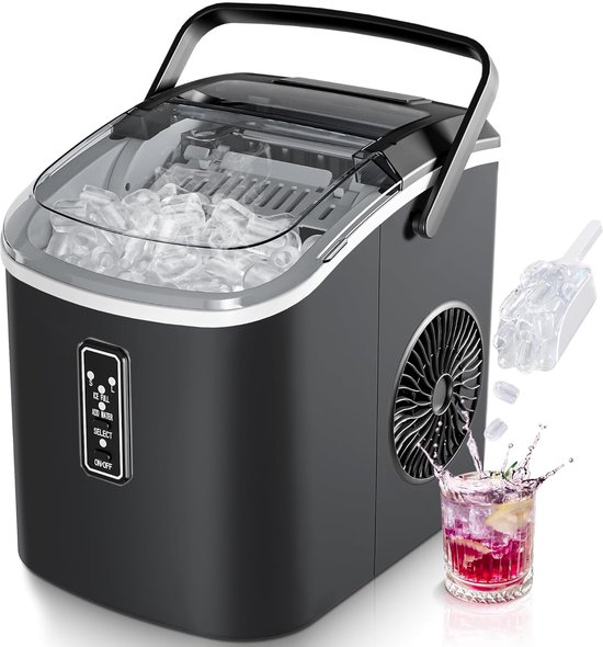 Kleine IJsblokjesmachine - 9 IJsblokjes in 6 Minuten - 12 kg per Dag - Zelfreinigend - Draagbaar met Handgreep - Mand & Schep - 2 IJsblokjesmaten - Voor Thuis & Keuken - Zwart van Merkloos