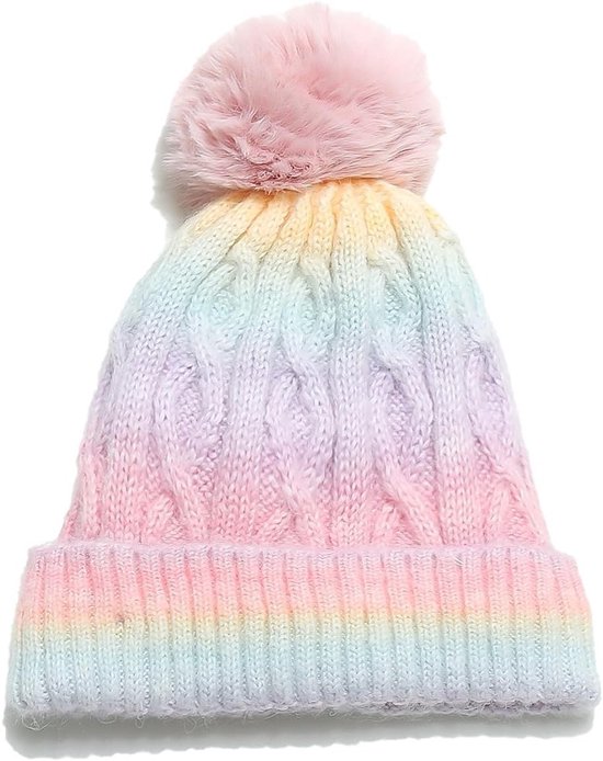 Kleurverloop Gebreide Damesmuts met Pompon en Pluche Voering voor de Winter, Warme Beanie met Kleurrijke Accenten en Fijne Breiwerk van Merkloos