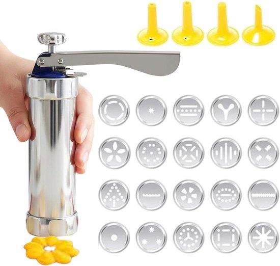 Koekjespers Machine - Bakgereedschap - Koekjes Maken - 20 Vormen 4 Mondstukken - 22 x 155 cm - Zilverkleurig