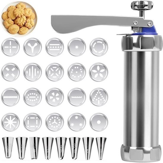 Koekjespers met 20 sjablonen en 8 roestvrijstalen spuitmonden voor perfect spuitgebak, deegspuit en creatieve bakprojecten in de keuken