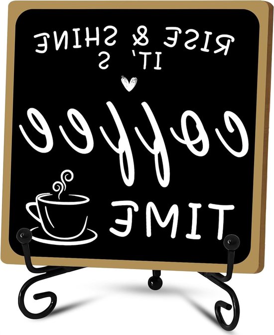 Koffiebar Decoratie van Hout - Zwart en Wit met IJzeren Stand voor Tafel en Plank - Ideaal voor Koffiestation, Keuken en Kantooraccessoires