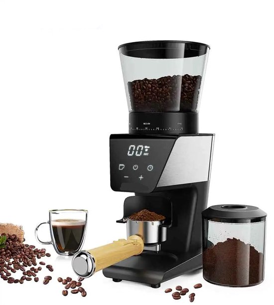 Koffiemolen - Elektrische - Burr Grinder - Conische Maalschijven - 220V - Instelbare Maalgraad - voor Espresso & Filterkoffie - LCD Display - 90g+ Bonenreservoir - LCD-Scherm met Timer - met 30 Maalstanden van Gefu