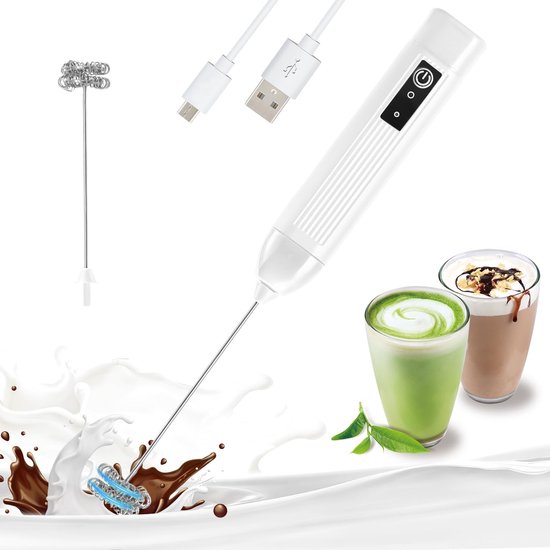 Koffieschuimer - Elektrische melkschuimmaker - Opklopper - Handmixer - Oplaadbare handmelkopschuimer - Elektrische koffiemixer met 3 snelheden en roestvrijstalen garde voor warme chocolademelk, eieren, latte en cappuccino - Wit