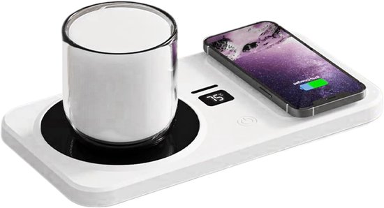 Kopjeswarmer, koffiekopjeswarmer, drankwarmer, 3 temperatuurstanden, slimme drankwarmer met draadloze telefoonoplader - voor melk, water, enz. - wit