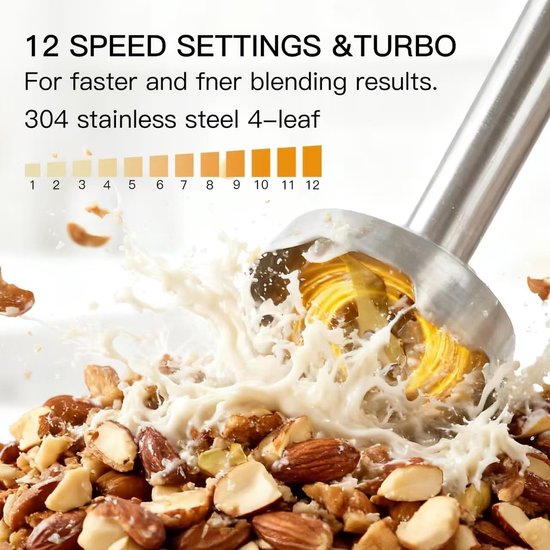 Krachtige 12-Speed Staafmixer - RVS Handmixer met 3-in-1 Functie en Titanium Gecoate Bladen voor Perfecte Mixresultaten