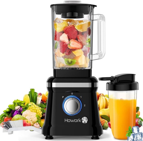 Krachtige 1200W Blender - 1,6L Glasvat, 2 Snelheden + Pulse, 6 RVS Messen, Inclusief 400ml Reisbeker en Reinigingsborstel - Ideaal voor Smoothies en Sappen van Merkloos