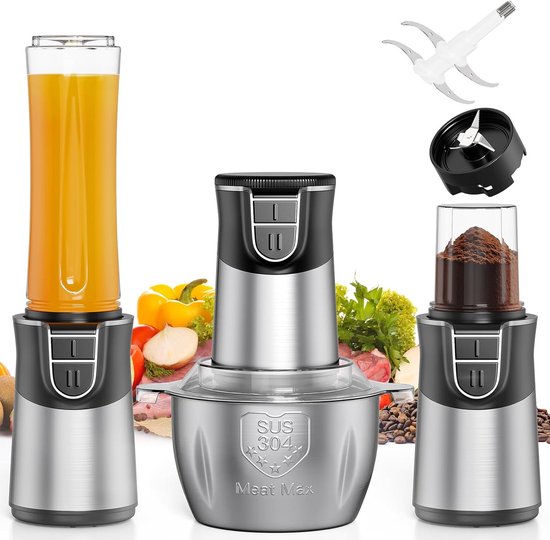 Krachtige 3-in-1 Hakmolen, Blender en Kruidenmolen - 500W Keukenmachine met 2L RVS Kom van Merkloos